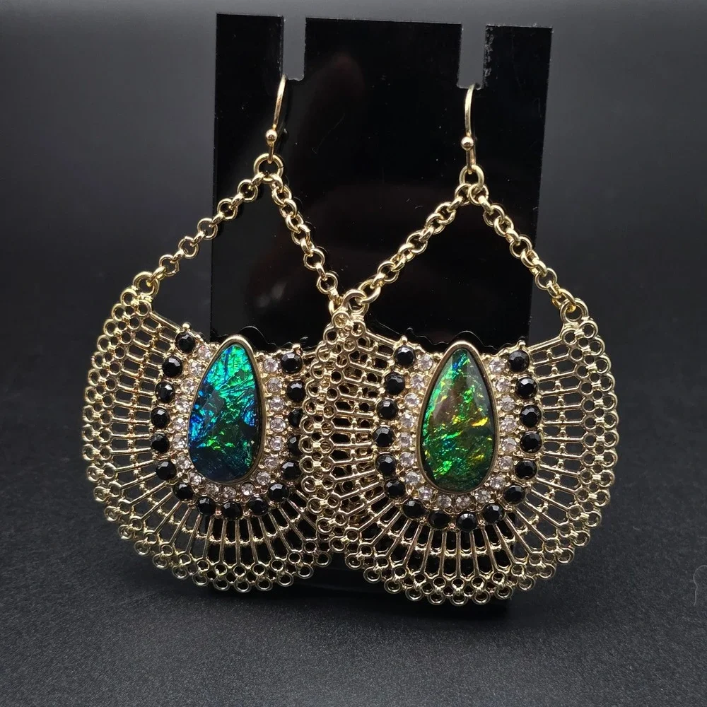 Blue Green Iridescent Earrings GOld Tone Statement Fan Shape